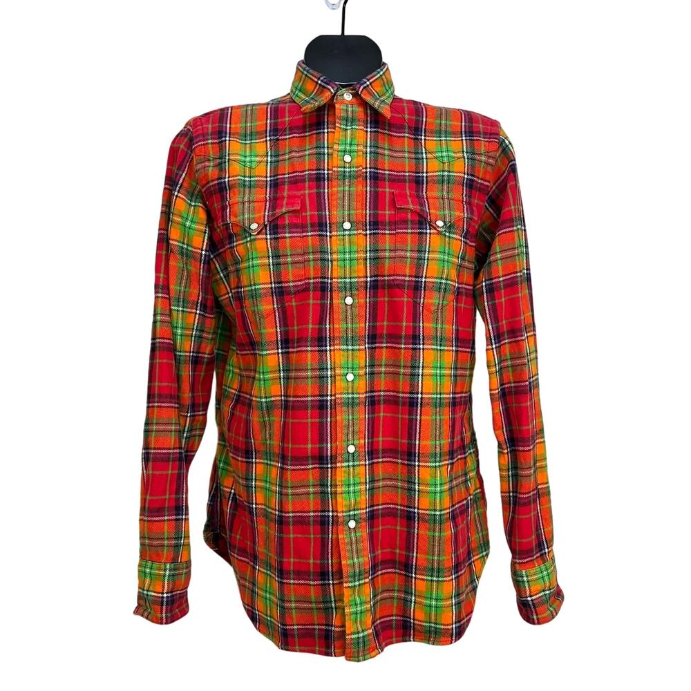 Vintage Polo Ralph Lauren Plaid Pearl Snap Shirt Red Orange Flannel
